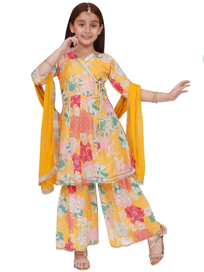 Preneum Girls's Cotton Rayon Printed Angrakha Kurta with Sharara & Dupatta, Yellow, 15-16 Years - Image 1