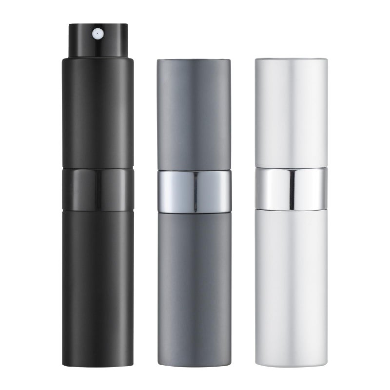 LISAPACK 8ML Atomizer Perfume Spray Bottle for Travel (3 PCS) Empty Cologne Dispenser, Portable Sprayer (Black, Silver, Grey) - Image 1
