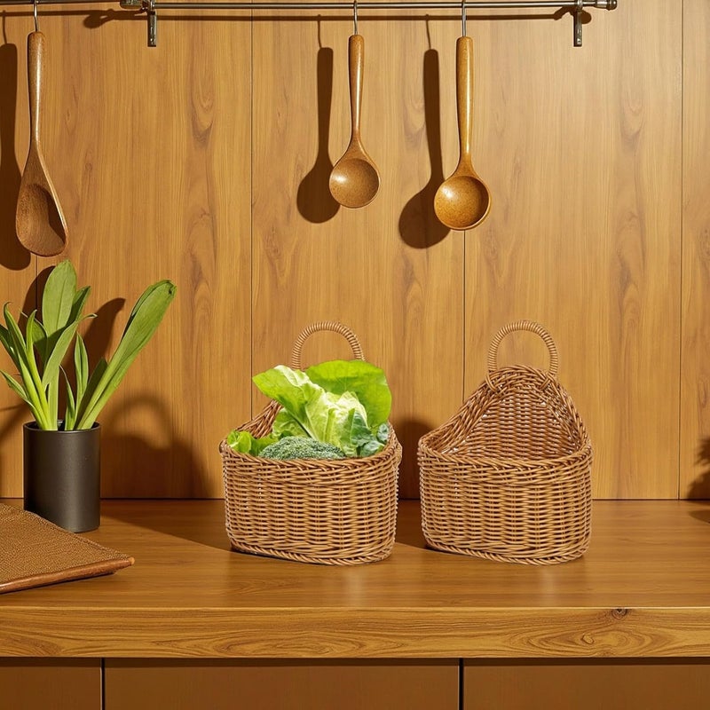 Wicker Baskets Wall Hanging 2 Pcs, Oval Design Brown Pp Storage, Kitchen Home Hanging Storage, Wall Storage Baskets - Image 5