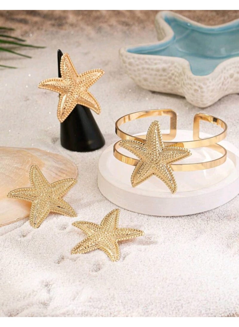Shein 1pc Starfish Pendant Open Cuff Bracelet & 1pc Starfish Pendant Ring & 1pair Starfish Pendant Earrings - Image 2