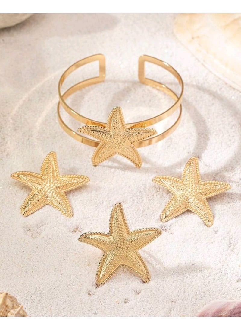 Shein 1pc Starfish Pendant Open Cuff Bracelet & 1pc Starfish Pendant Ring & 1pair Starfish Pendant Earrings - Image 4