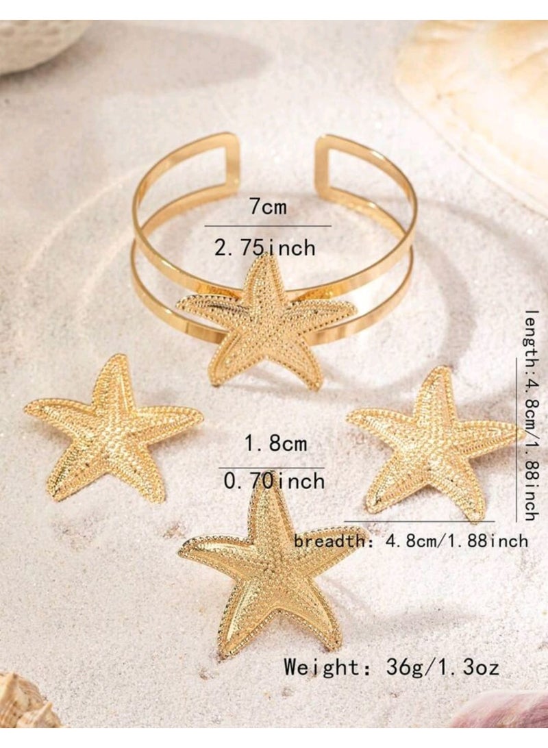 Shein 1pc Starfish Pendant Open Cuff Bracelet & 1pc Starfish Pendant Ring & 1pair Starfish Pendant Earrings - Image 5