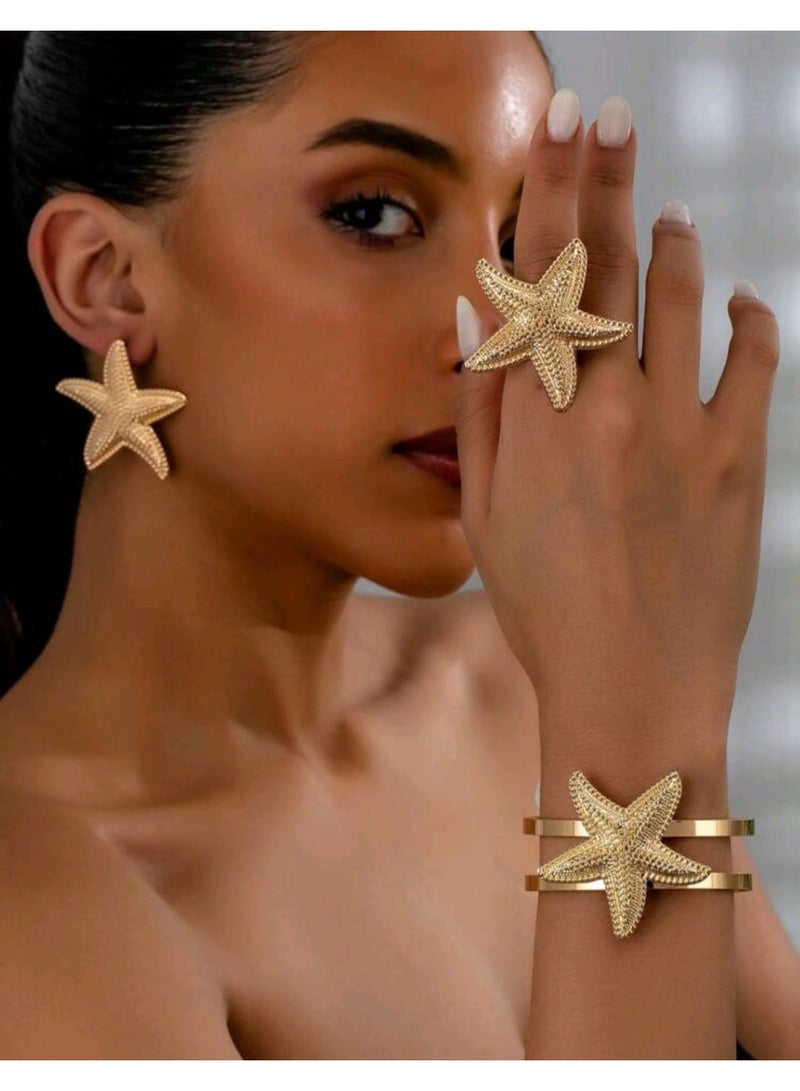 Shein 1pc Starfish Pendant Open Cuff Bracelet & 1pc Starfish Pendant Ring & 1pair Starfish Pendant Earrings - Image 1
