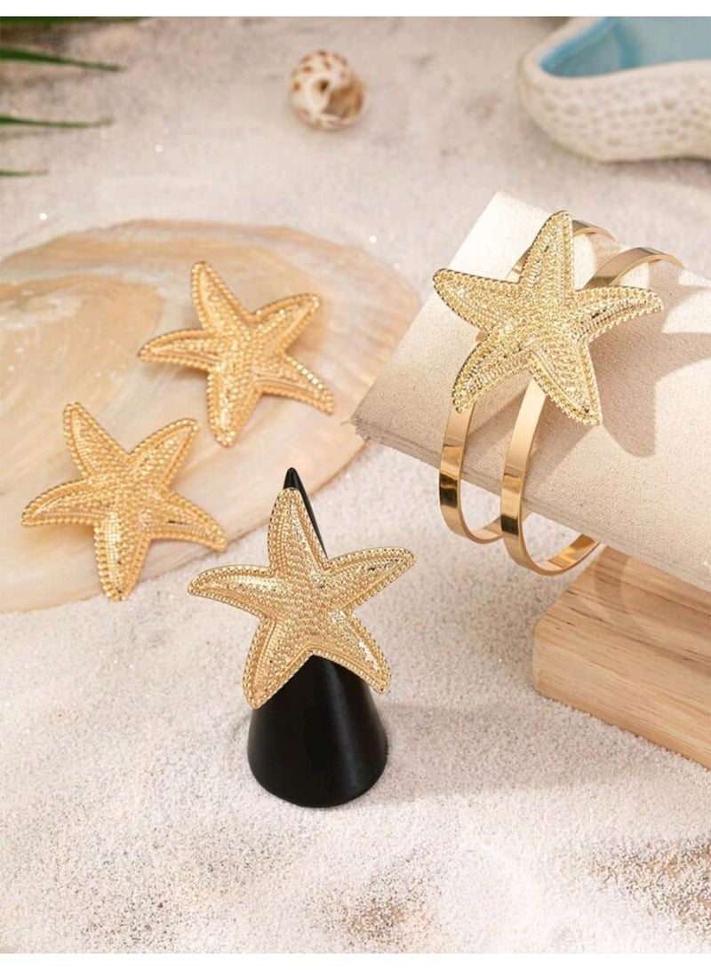 Shein 1pc Starfish Pendant Open Cuff Bracelet & 1pc Starfish Pendant Ring & 1pair Starfish Pendant Earrings - Image 3