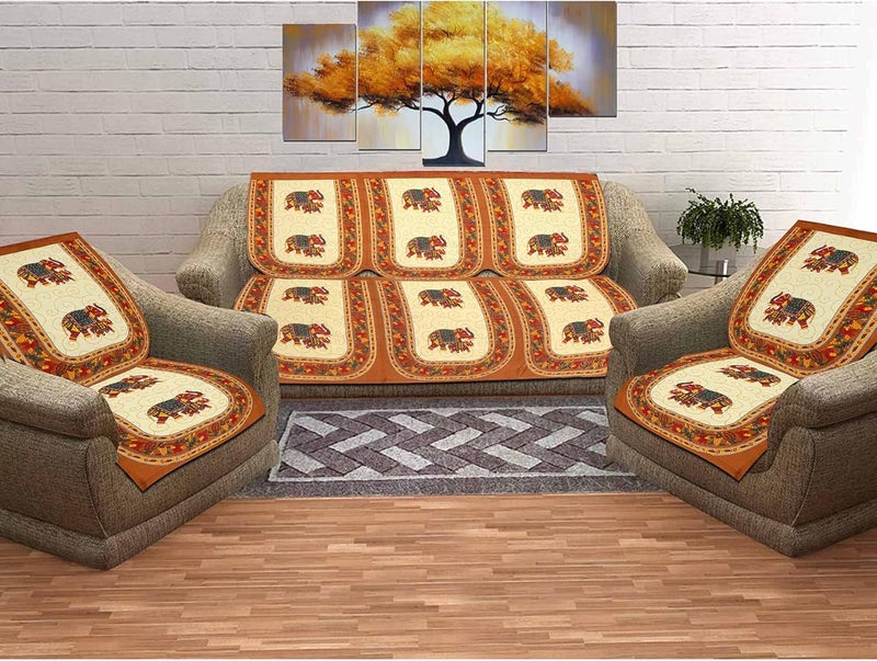 SkyKross Everyday A New Thing Special Hathi Pure Cotton ROOMSET Diwan Sofa Cover Set Combo Single Bedsheet 2 Bolster Covers 5 CushionCovers and Five Seater Sofa Cover Set Mustard