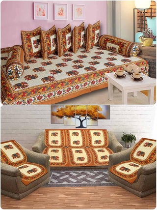 SkyKross Everyday A New Thing Special Hathi Pure Cotton ROOMSET Diwan Sofa Cover Set Combo Single Bedsheet 2 Bolster Covers 5 CushionCovers and Five Seater Sofa Cover Set Mustard - pzsku/Z0E36473D38D32A0A0F3CZ/45/1746617346/b7329ec6-d243-4165-9f42-aff9e5aa4140