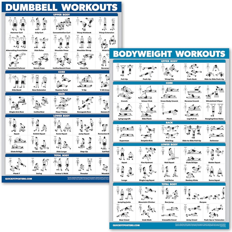 Palace Learning Dumbbell Workouts and Bodyweight Exercise Poster Set - LAMINATED 2 Chart Set - Dumbbell Exercise Routine & Body Weight Workouts (18" x 24") - Image 1