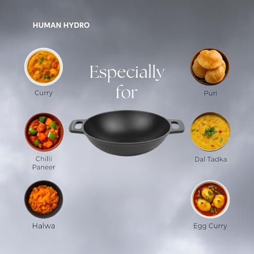 Human Hydro Pre-Seasoned Cast Iron Kadai/Kadhai | 25cm (9.7"), 2.5L Deep Wok | Naturally Non-Stick When Seasoned | Gas & Induction Compatible | Toxin-Free for Curries, Deep Frying & Sabzi - Image 4