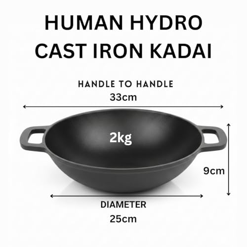Human Hydro Pre-Seasoned Cast Iron Kadai/Kadhai | 25cm (9.7"), 2.5L Deep Wok | Naturally Non-Stick When Seasoned | Gas & Induction Compatible | Toxin-Free for Curries, Deep Frying & Sabzi - Image 2
