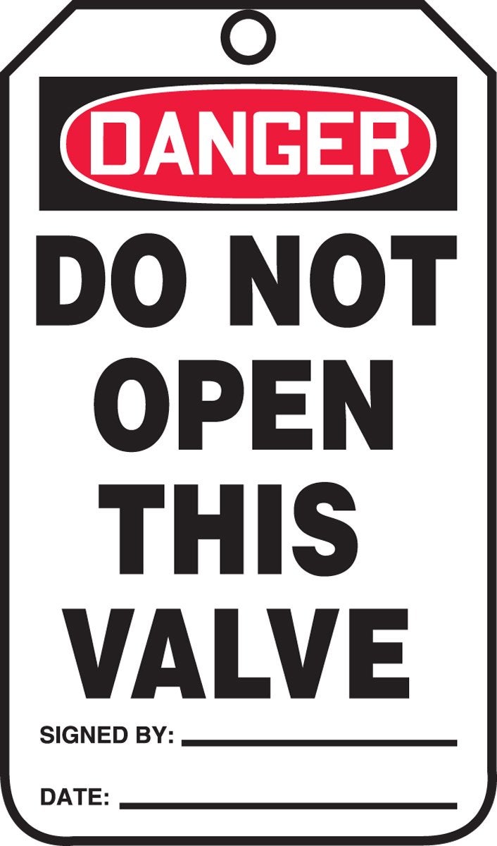 Accuform MDT188CTP PF-Cardstock Safety Tag, Legend "Danger Do Not Open This Valve", 5.75" Length x 3.25" Width x 0.010" Thickness, Red/Black on White (Pack of 25) - Image 1