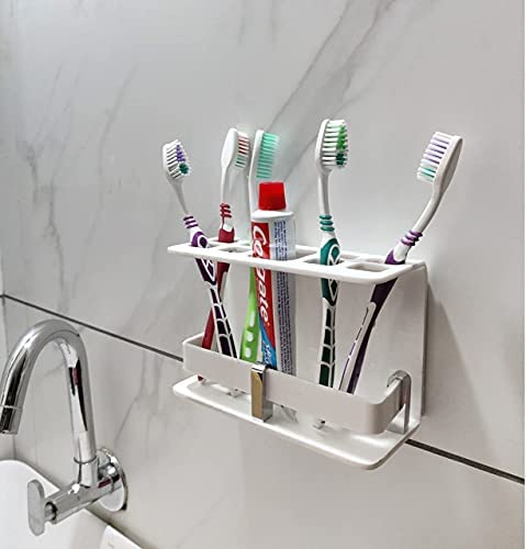 McMus Big Size Wall Mounted self Adhesive Acrylic Tooth Brush/Toothpaste Holder/Stand/Tumbler/Toothpaste for Bathroom Stand Organizer Rack for Home (Big Size) (White) - Image 1