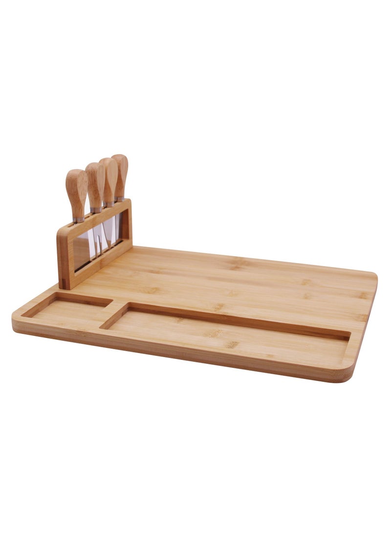 Cuisine Art Organic Bamboo Cheese Cutting Board & Knife Gift Set - Wooden Serving Tray for Charcuterie Meat Platter, Fruit & Crackers with 4 Cheese Knives  - Image 1