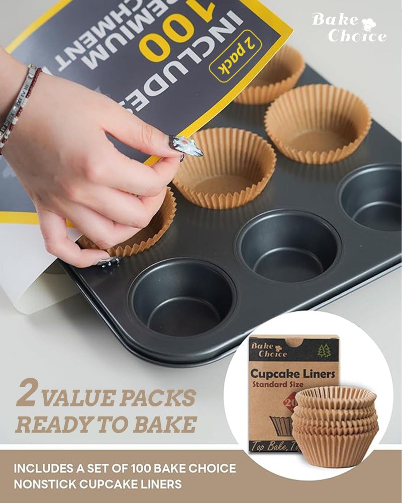Bake Choice 2 Pack Muffin Pan for Baking, Standard Cupcake Pan includes 100 Natural Cupcake Liners, Muffin Tin Nonstick 12 Cup, Baking Pans Set, Carbon Steel Baking Supplies - Image 2