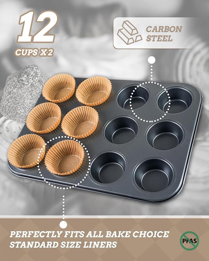 Bake Choice 2 Pack Muffin Pan for Baking, Standard Cupcake Pan includes 100 Natural Cupcake Liners, Muffin Tin Nonstick 12 Cup, Baking Pans Set, Carbon Steel Baking Supplies - Image 4