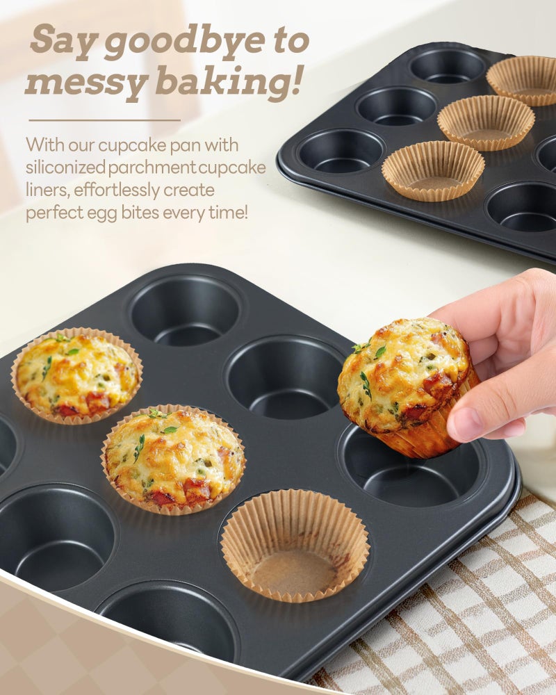 Bake Choice 2 Pack Muffin Pan for Baking, Standard Cupcake Pan includes 100 Natural Cupcake Liners, Muffin Tin Nonstick 12 Cup, Baking Pans Set, Carbon Steel Baking Supplies - Image 3