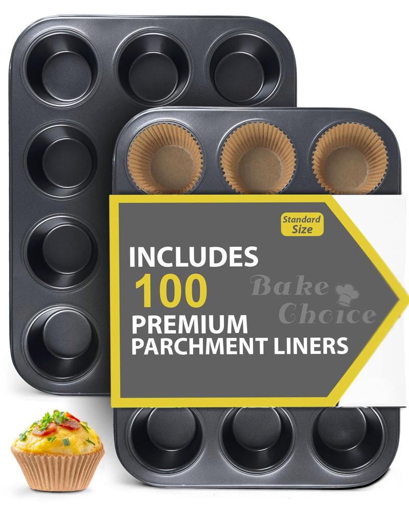 Bake Choice 2 Pack Muffin Pan for Baking, Standard Cupcake Pan includes 100 Natural Cupcake Liners, Muffin Tin Nonstick 12 Cup, Baking Pans Set, Carbon Steel Baking Supplies - Image 1