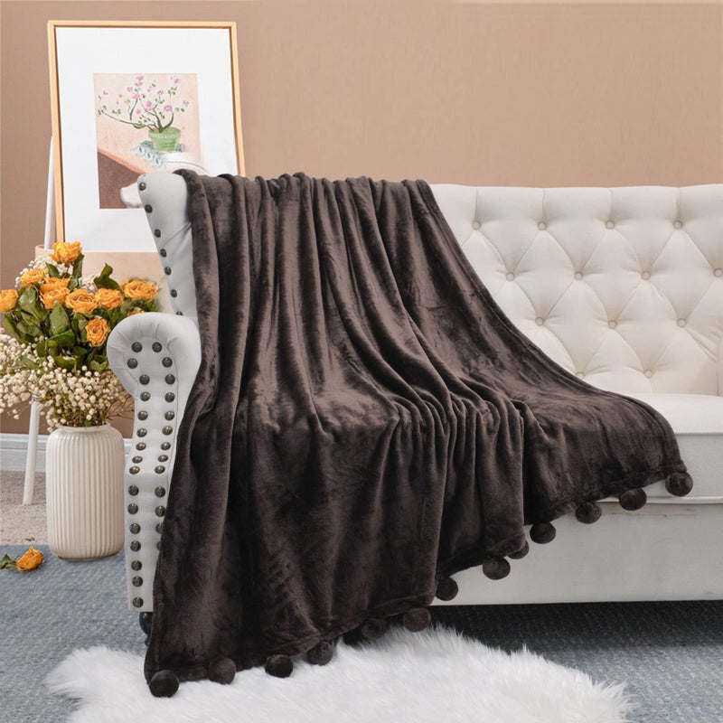 Home Soft Things Pompom Bed Couch Throw Blanket, 50'' x 60'', Chocolate, Fuzzy Soft Comfy Warm Decorative Throw Blanket for Living Room Bedroom Suitable for All Seasons - Image 1