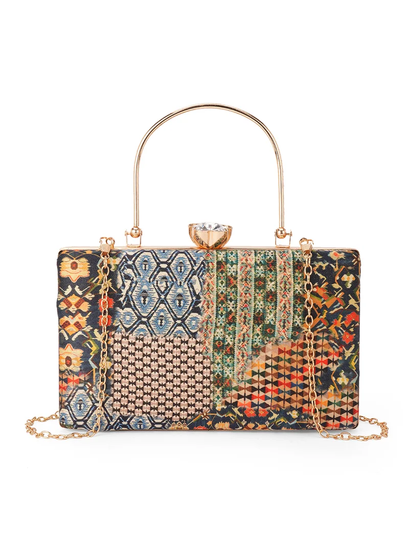 جلو باص حقيبة يد نسائية متعددة الألوان بنقوش عرقية مع حزام سلسلة قابل للفصل
