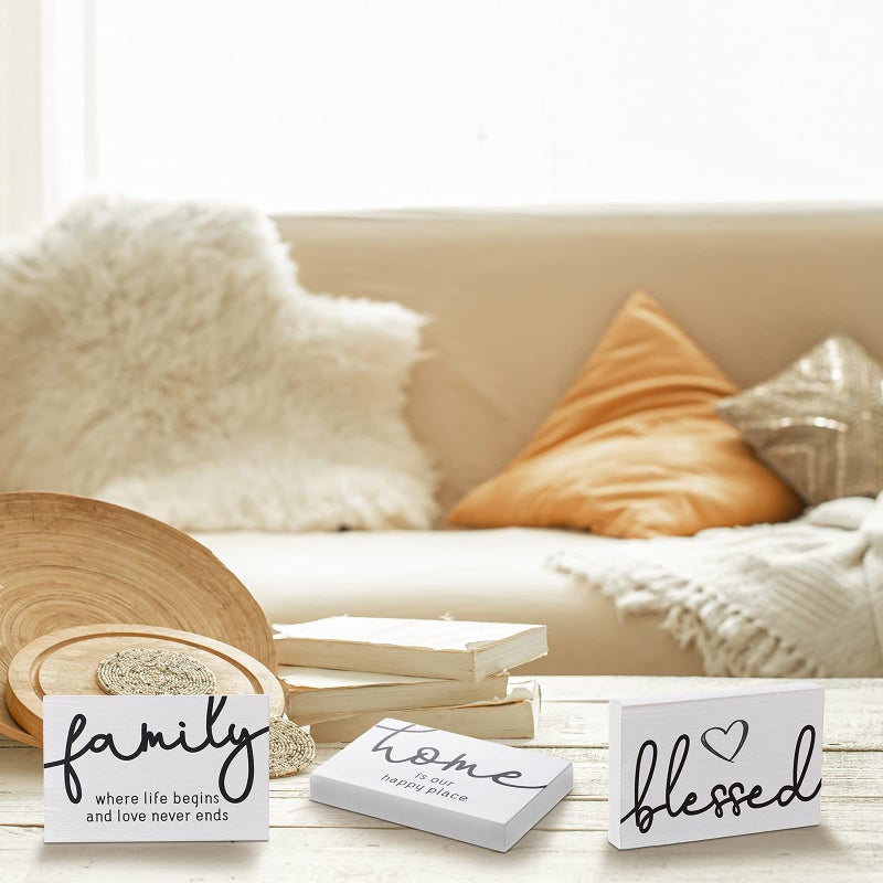 Jetec 3 Pcs Family Home Blessed Rustic Wood Sign Mini Wood Decorative Farmhouse Woodworks Table Shelves Decorations Sign for Bedroom Kitchen Living Room Table Decor(White,4.25 x 2.76 x 0.59 in) - Image 5