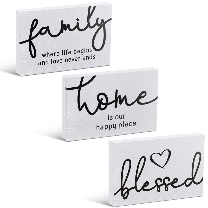 Jetec 3 Pcs Family Home Blessed Rustic Wood Sign Mini Wood Decorative Farmhouse Woodworks Table Shelves Decorations Sign for Bedroom Kitchen Living Room Table Decor(White,4.25 x 2.76 x 0.59 in) - Image 1