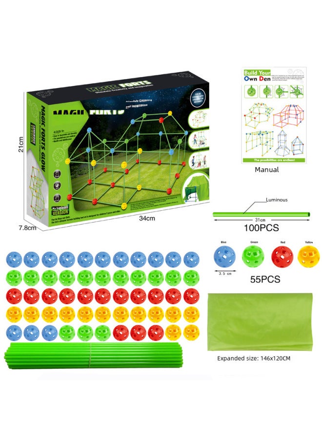Children's Diy Bead Tent Fort Building Kit Tent Building Game House Puzzle Building Blocks-Color:Luminous -55 Ball +100 Tube + Cloth  - Image 5