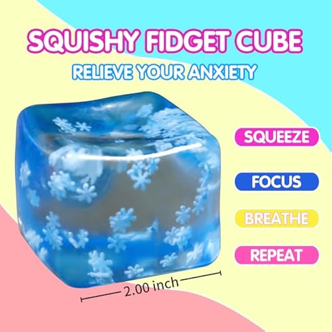 Siwarm Fidget Toy Stress Cube- 4 Pack Sensory Squeeze Toys, Slow Rising Squishy Cube Filled with Thick Substance and Snowflakes Crafts, Anxiety Stress Relief Calming Tool for Adults and Kids - Image 3