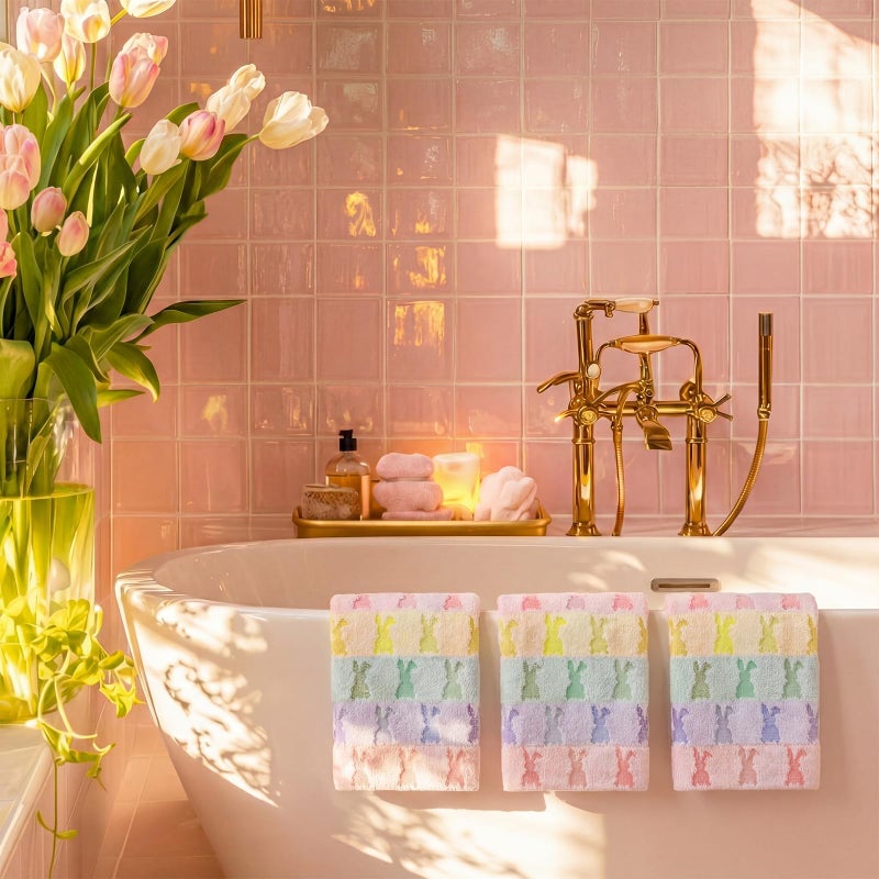 Hahafelt 3 Pcs Easter Hand Towels for Bathroom Easter Bunny Egg Rabbit Pattern 100% Cotton Absorbent Cute Spring Decorative Towels for Bathroom Kitchen Decor Gift, 13.4 x 30 Inch (Pastel,Rabbit) - Image 5