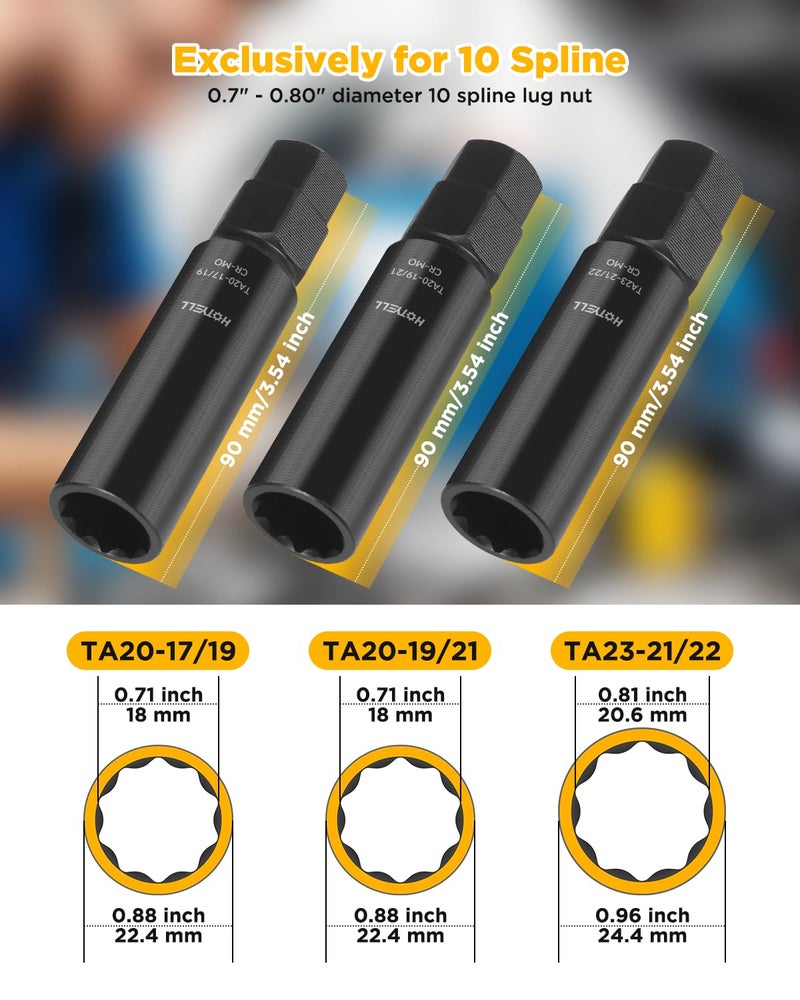 HOTYELL 10 Spline Lug Nut Key, Thicker Wall 10-Spline Lug Nut Socket Set, Break-Resistant Wheel Lugnut Removal Tool for Aftermarket Locking Lug Nuts, Compatible with Bimecc Lug Nuts (3 Piece Set) - Image 3