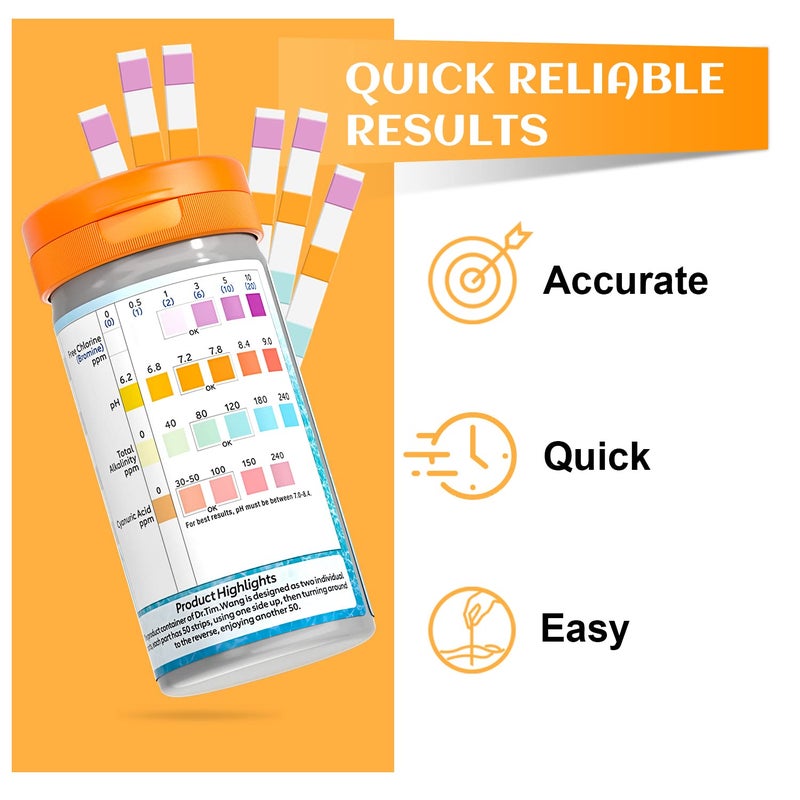 Dr.Tim.Wang Pool and Hot Tub Test Strips - Medical Grade Precision 4 in 1 Pool Water Test Kit - Testing pH Free Chlorine(Bromine) Total Alkalinity & Cyanuric Acid - Image 4