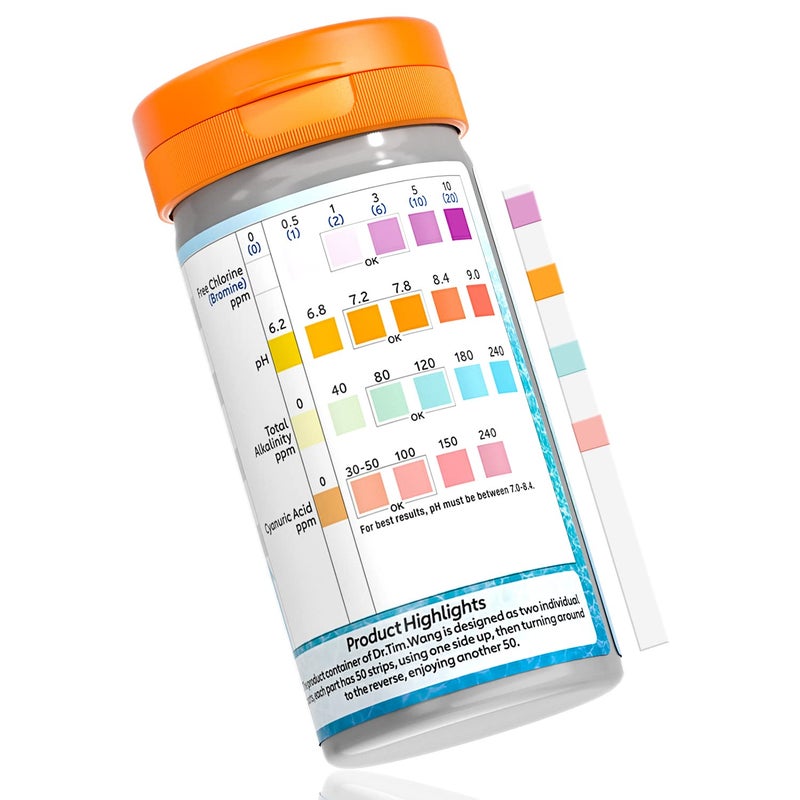 Dr.Tim.Wang Pool and Hot Tub Test Strips - Medical Grade Precision 4 in 1 Pool Water Test Kit - Testing pH Free Chlorine(Bromine) Total Alkalinity & Cyanuric Acid - Image 1