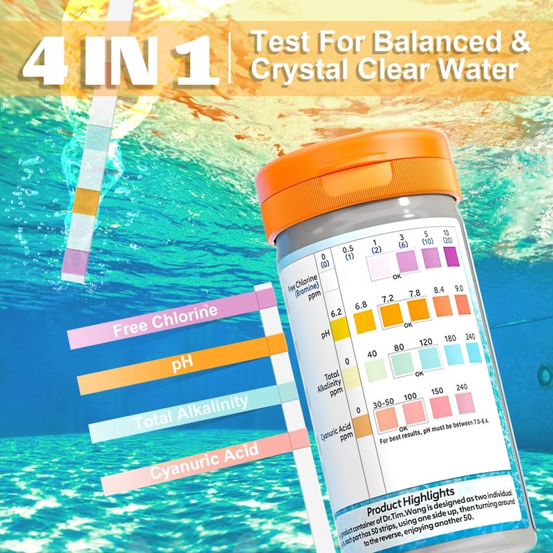 Dr.Tim.Wang Pool and Hot Tub Test Strips - Medical Grade Precision 4 in 1 Pool Water Test Kit - Testing pH Free Chlorine(Bromine) Total Alkalinity & Cyanuric Acid - Image 3
