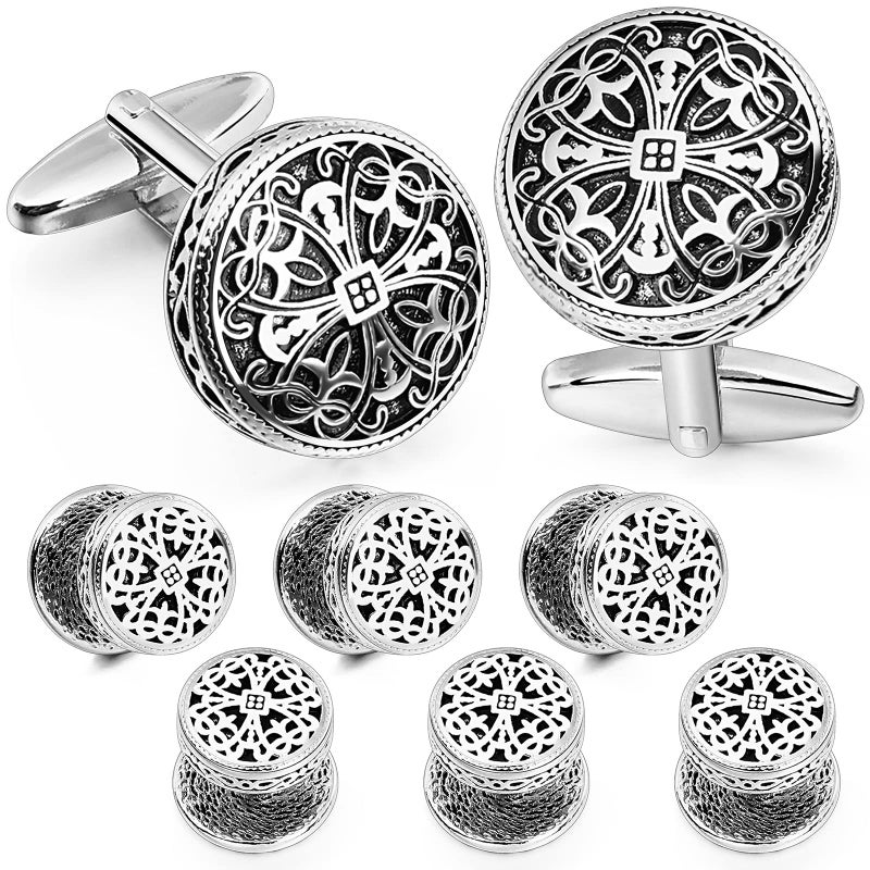HAWSON Vintage Cufflinks and Tuxedo Shirt Studs for Men Retro Flower Pattern Best Wedding Business Gifts for Men with Box - Image 1