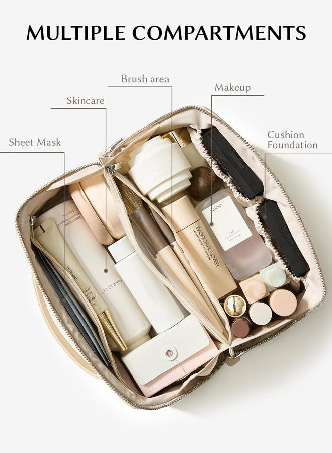 EACHY Travel Makeup Bag,Large Capacity Cosmetic Bags for Women,Waterproof Portable Pouch Open Flat Toiletry Bag Pattern Makeup Bag, BA-Beige, Medium - Image 3