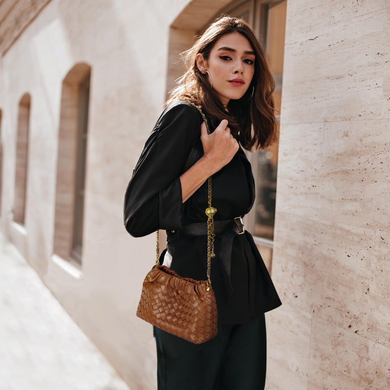 Joryin Woven Women's Crossbody Bag & Evening Purse, Trendy Dumpling Clutch & Hobo Cloud Shoulder Bag Trendy Dumpling Clutch Vegan Leather, Brown - Image 2