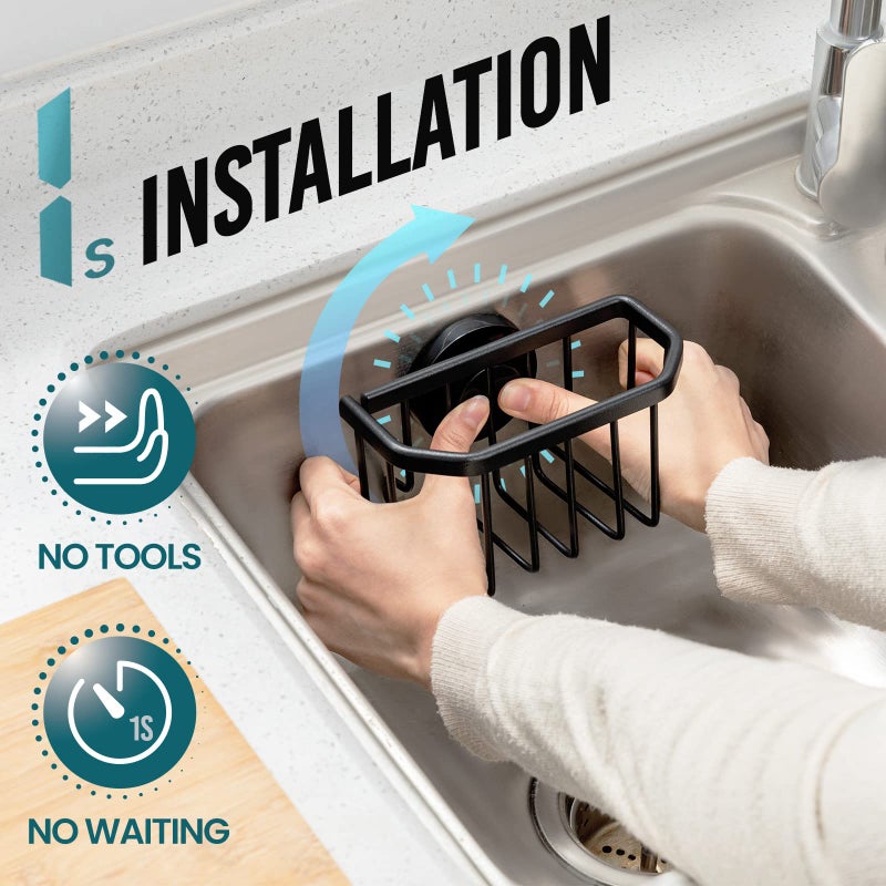 TAILI Sponge Holder with Strong Suction Cup, Dish Sponge Caddy Inside Sink Removable, Rustproof Aluminum for Sponges, Brushes, Stoppers and Scrapers - Black - Image 3