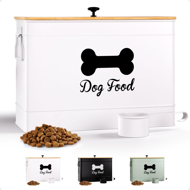 HB Design Co. Dog Food Container Airtight 15 lb (50 Cup) Capacity with Metal Scoop - Cute Airtight Dog Food Storage Container with Bamboo Lid - White Metal Kibble Storage Bin for Dogs up to 100 lbs - Big Pet Jar - Image 1