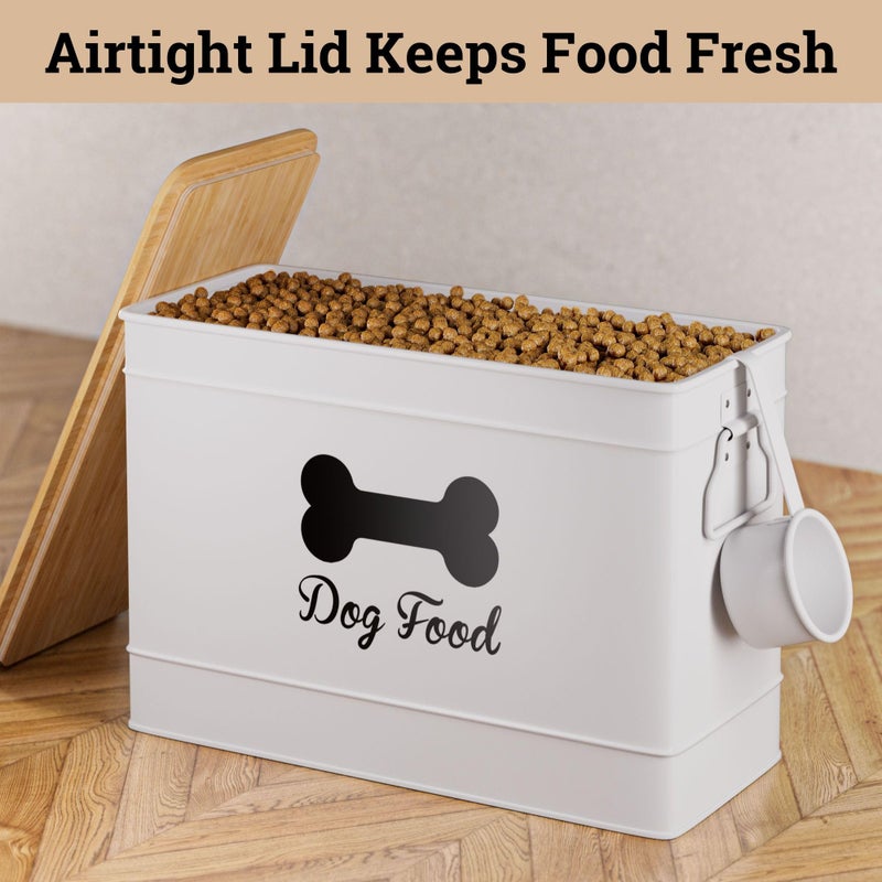 HB Design Co. Dog Food Container Airtight 15 lb (50 Cup) Capacity with Metal Scoop - Cute Airtight Dog Food Storage Container with Bamboo Lid - White Metal Kibble Storage Bin for Dogs up to 100 lbs - Big Pet Jar - Image 4
