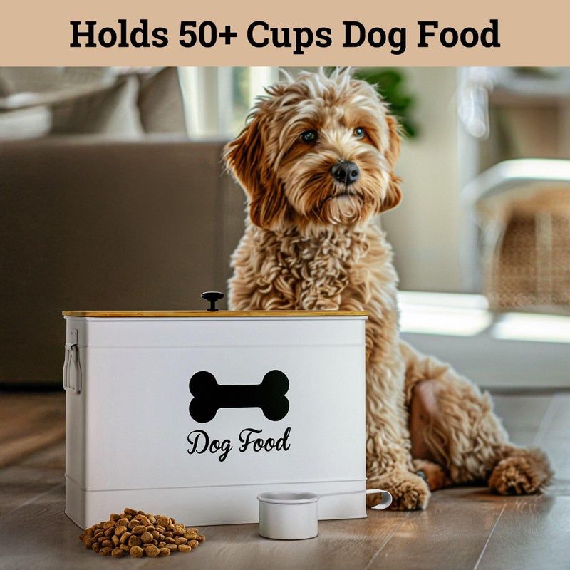HB Design Co. Dog Food Container Airtight 15 lb (50 Cup) Capacity with Metal Scoop - Cute Airtight Dog Food Storage Container with Bamboo Lid - White Metal Kibble Storage Bin for Dogs up to 100 lbs - Big Pet Jar - Image 3