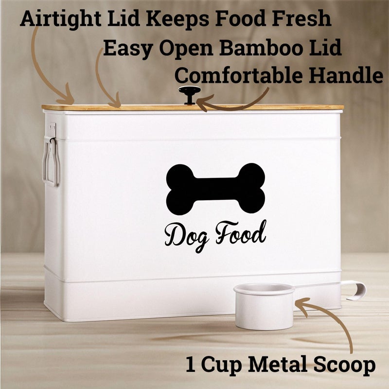 HB Design Co. Dog Food Container Airtight 15 lb (50 Cup) Capacity with Metal Scoop - Cute Airtight Dog Food Storage Container with Bamboo Lid - White Metal Kibble Storage Bin for Dogs up to 100 lbs - Big Pet Jar - Image 2