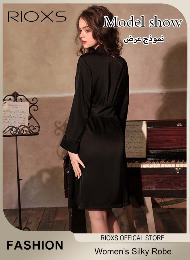 RIOXS Women's Silky Robe Lightweight Kimono Bathrobe Long Belted Sleepwear Soft Loungewear With Pockets And Belts  - Image 2