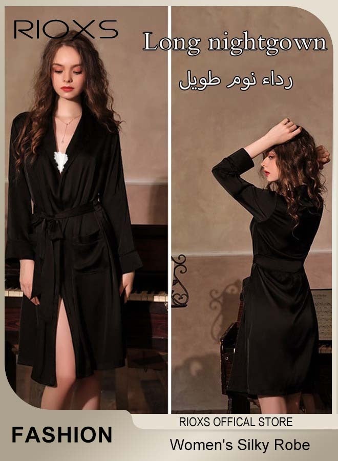 RIOXS Women's Silky Robe Lightweight Kimono Bathrobe Long Belted Sleepwear Soft Loungewear With Pockets And Belts  - Image 3