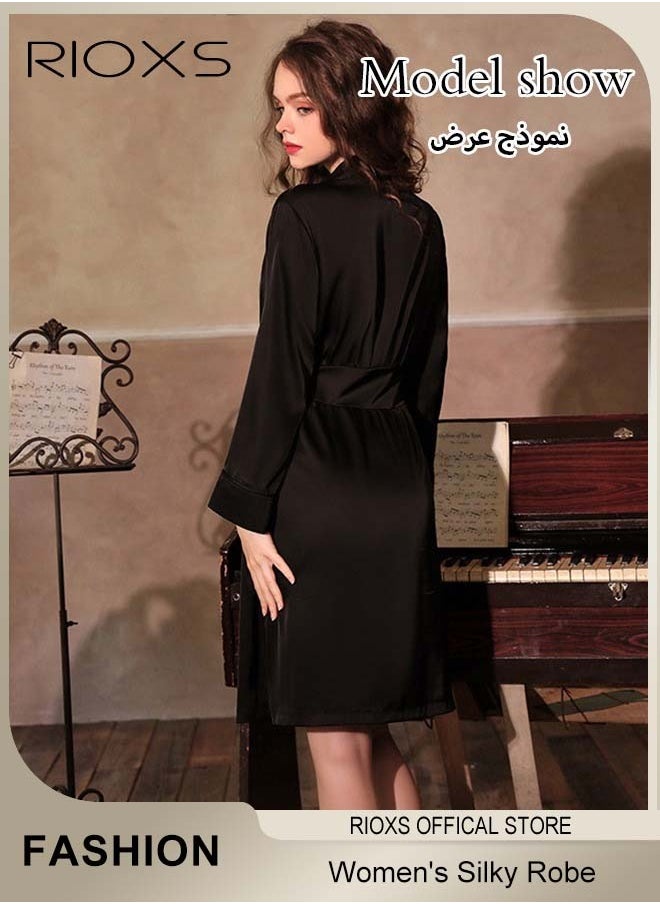 RIOXS - Women's Silky Robe Lightweight Kimono Bathrobe Long Belted Sleepwear Soft Loungewear With Pockets And Belts - Image 1