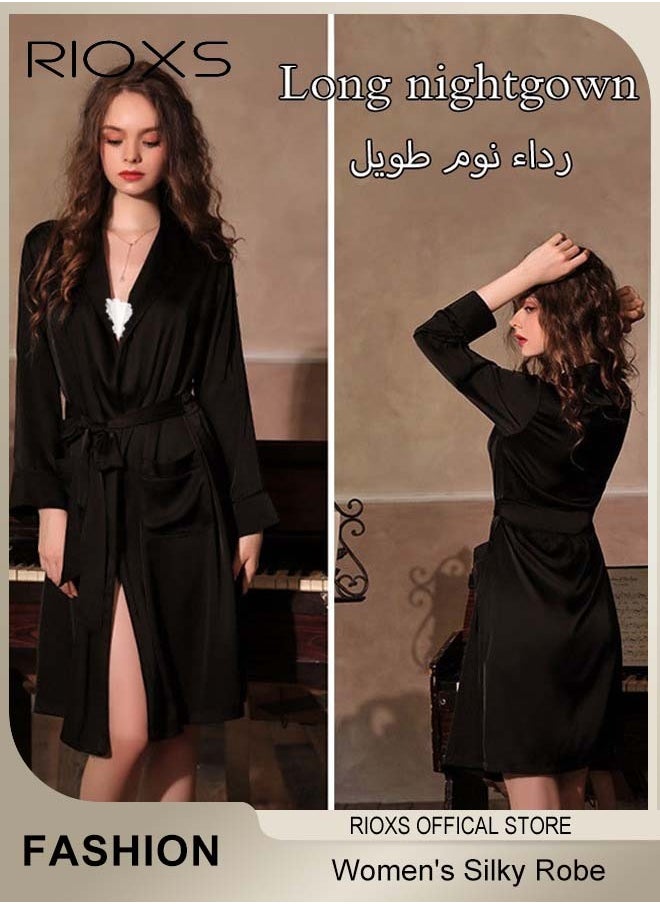 RIOXS - Women's Silky Robe Lightweight Kimono Bathrobe Long Belted Sleepwear Soft Loungewear With Pockets And Belts - Image 1