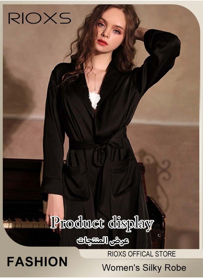 RIOXS - Women's Silky Robe Lightweight Kimono Bathrobe Long Belted Sleepwear Soft Loungewear With Pockets And Belts - Image 1