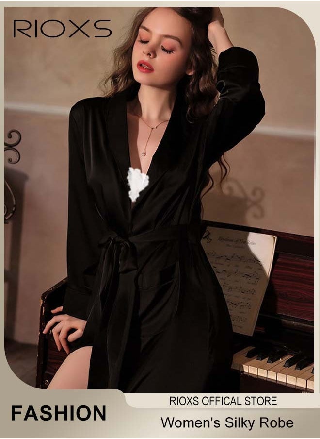 RIOXS - Women's Silky Robe Lightweight Kimono Bathrobe Long Belted Sleepwear Soft Loungewear With Pockets And Belts - Image 1