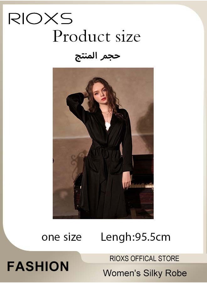 RIOXS - Women's Silky Robe Lightweight Kimono Bathrobe Long Belted Sleepwear Soft Loungewear With Pockets And Belts - Image 1