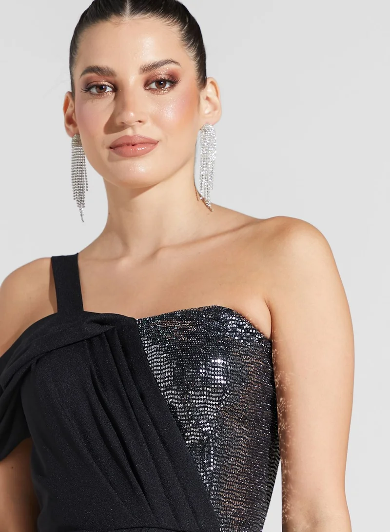 Namshi x Sabrina Shimmer Bust Off Shoulder Slit Dress