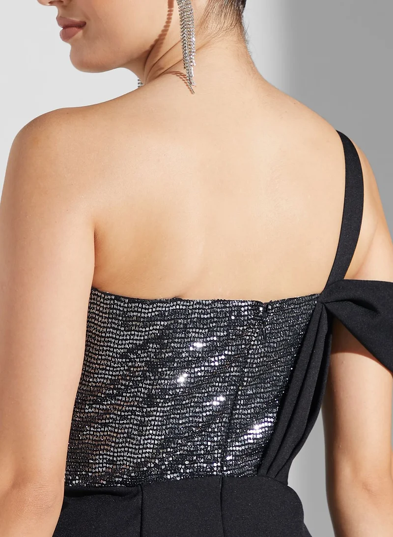 Namshi x Sabrina Shimmer Bust Off Shoulder Slit Dress