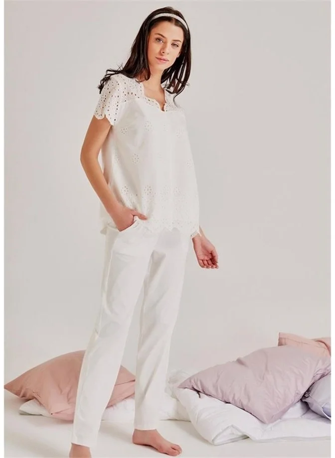 Magic Form 19108 Embroidered Patterned Pajamas Set - Ecru
