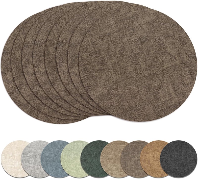 NCUE 13" Round Placemats Set of 8, Reversible Faux Leather Heat Resistant Table Mats, Waterproof Oilproof Wipeable Table Protective Placemats for Vinyl, Washable for Indoor & Outdoor Use (8, Dark Coffee) - Image 1